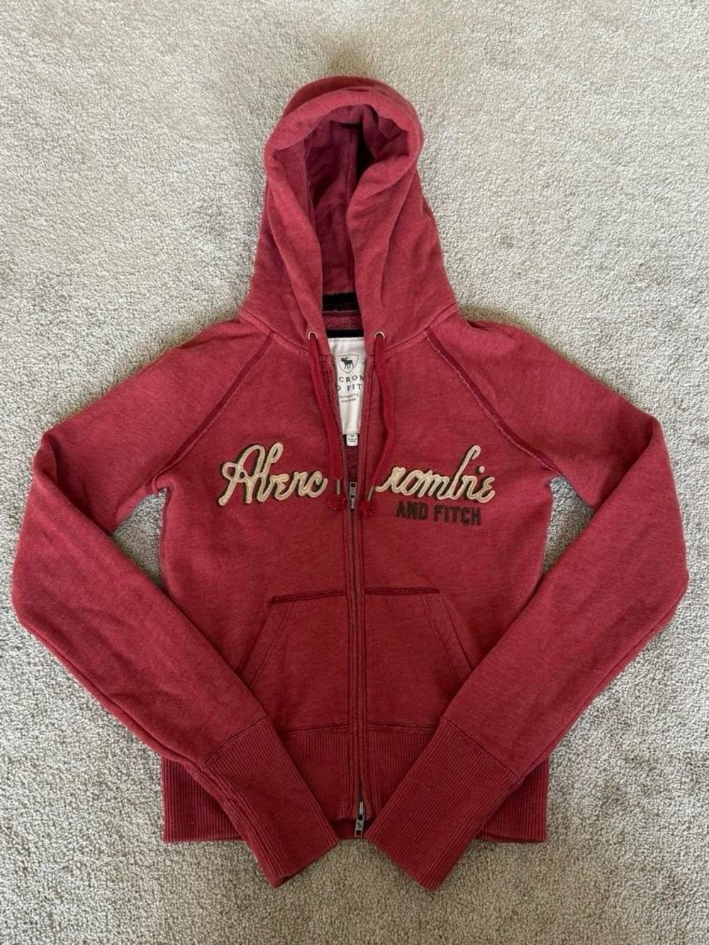Abercrombie & Fitch Red Script Logo Zip Up Hoodie Y2K Applique Size M